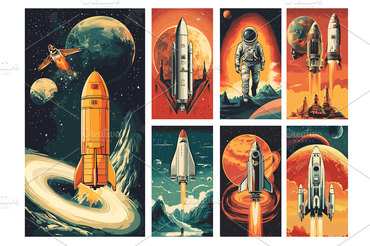 Space posters cartoon vector set, an Illustration by Onyx | Creative Market