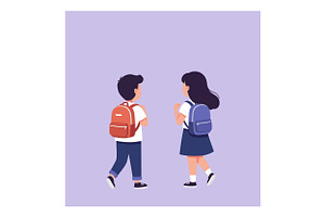 Two children with backpacks walking, an Illustration by designvectx