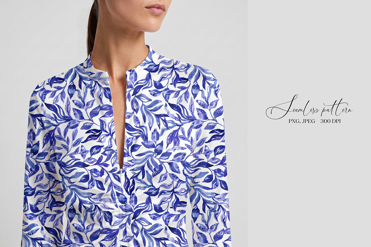Blue Watercolor Foliage Repeat Print, a Pattern Graphic by SirenaArt (Photo 10 of 17)