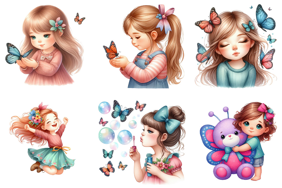 Cute Girl and Butterflies Clipart, an Illustration by DreamArtGraphic (Photo 3 of 6)