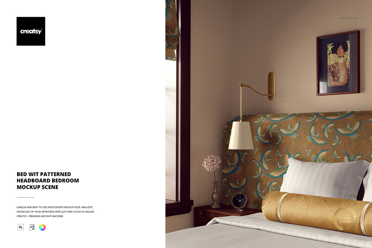 Bed with Patterned Headboard Mockup, a Household Mockup by creatsy5 (Photo 1 of 5)