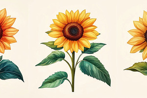 Three bright sunflowers with green leaves illustrated in a botan, a Nature Photo by José Manuel Gelpi