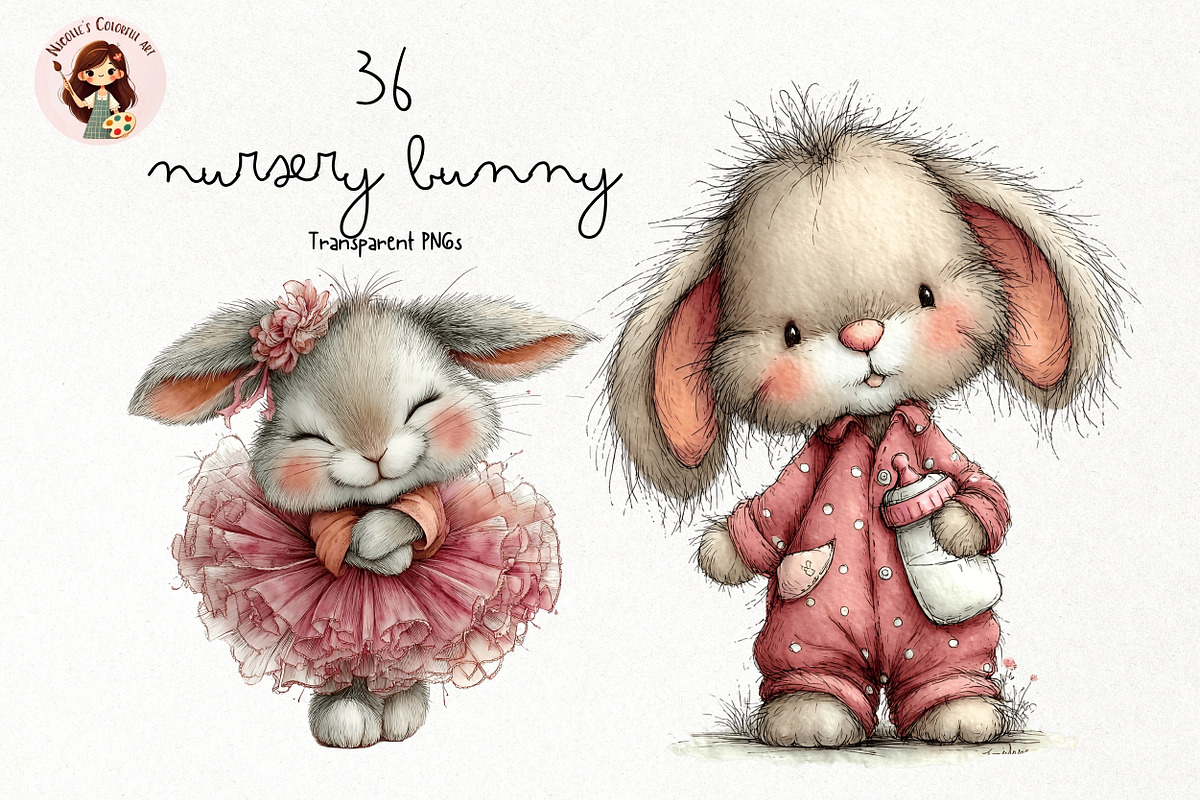 Nursery Bunny Watercolor Clipart PNG, an Animal Illustration by Nicolle's Colorful Art (Photo 1 of 3)