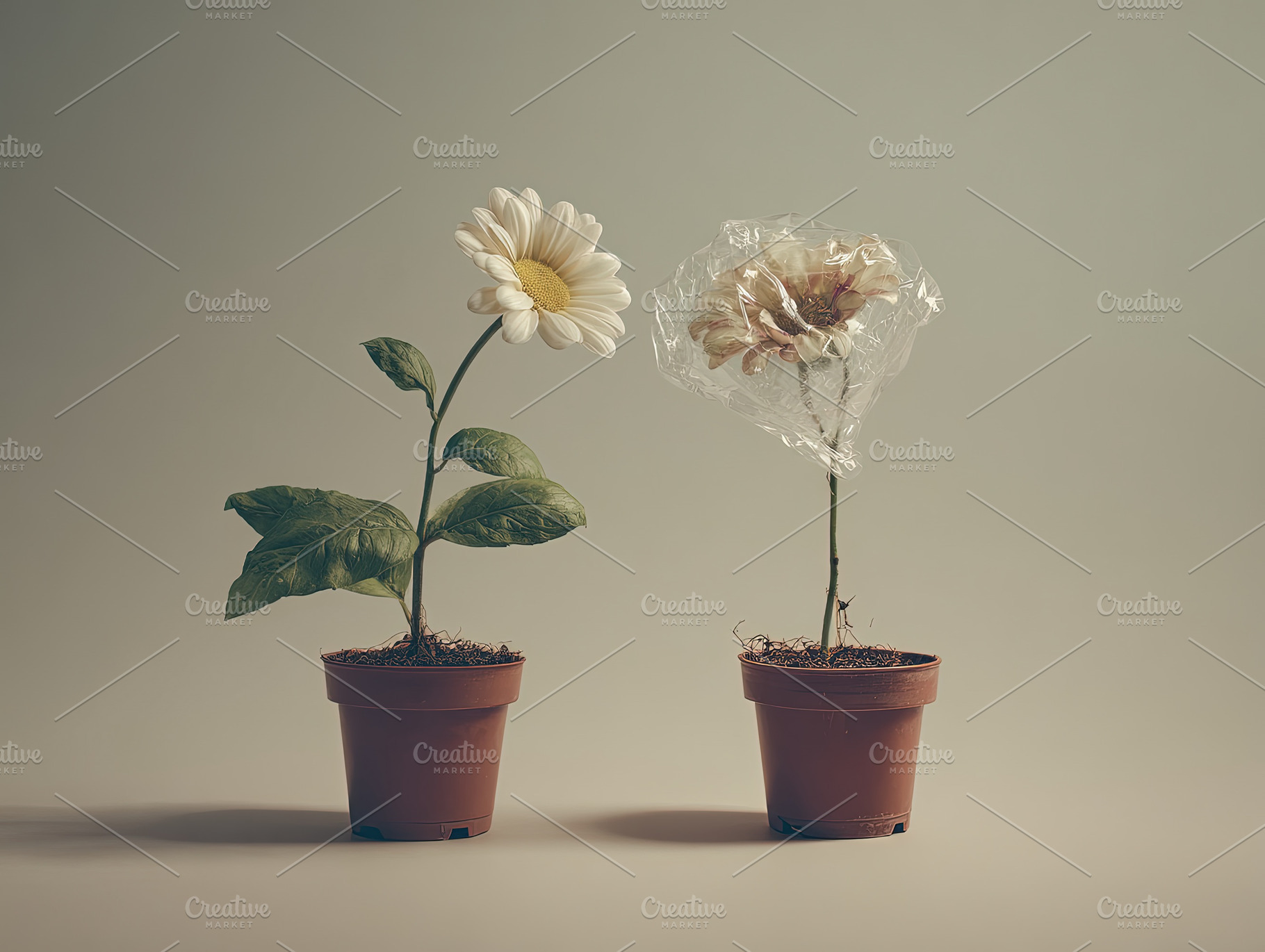 Two potted flowers side by side, one healthy and vibrant, the ot, an Abstract Photo by Ales Munt