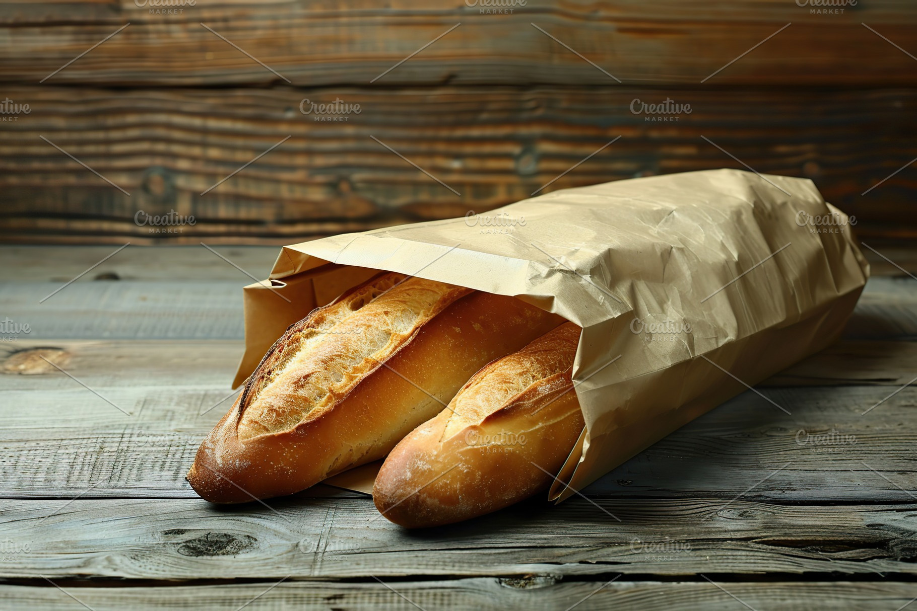 Freshly baked baguette in paper bag on wooden table, a Food & Drink Photo by AlyaAnd