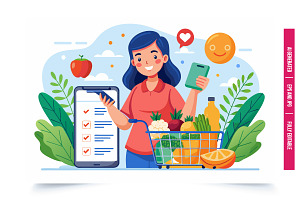 A smiling woman checks her grocery l, an Illustration by Tanuart