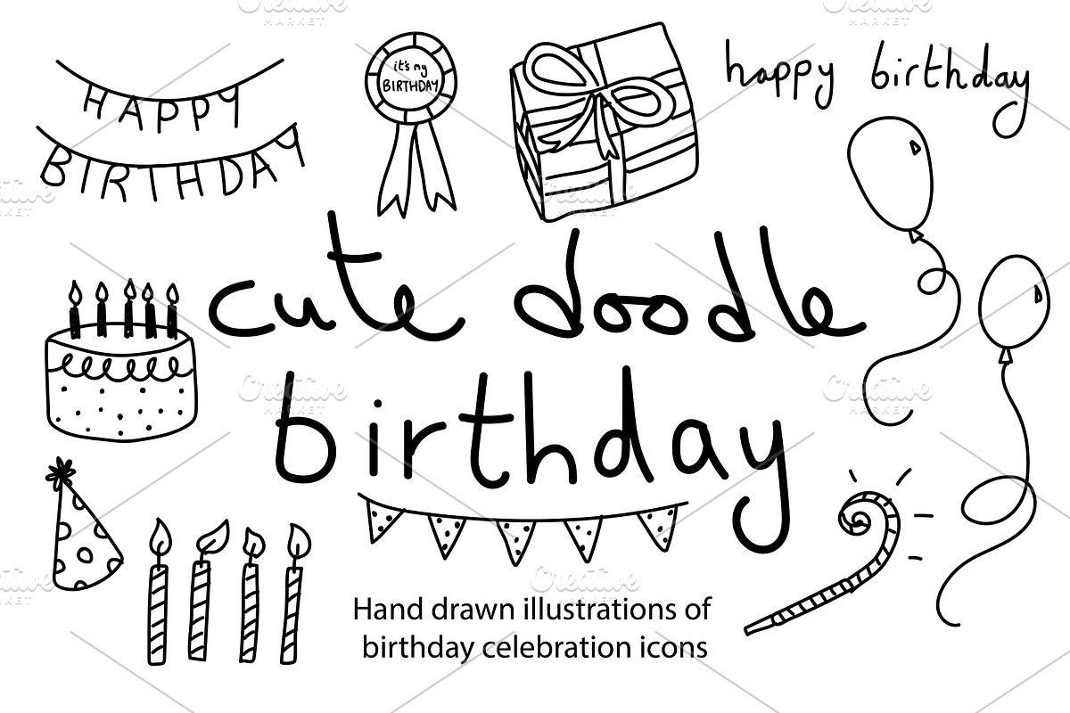 Cute doodle birthday icons, a Seasonal Illustration by Liz Pengilley Studio (Photo 1 of 4)