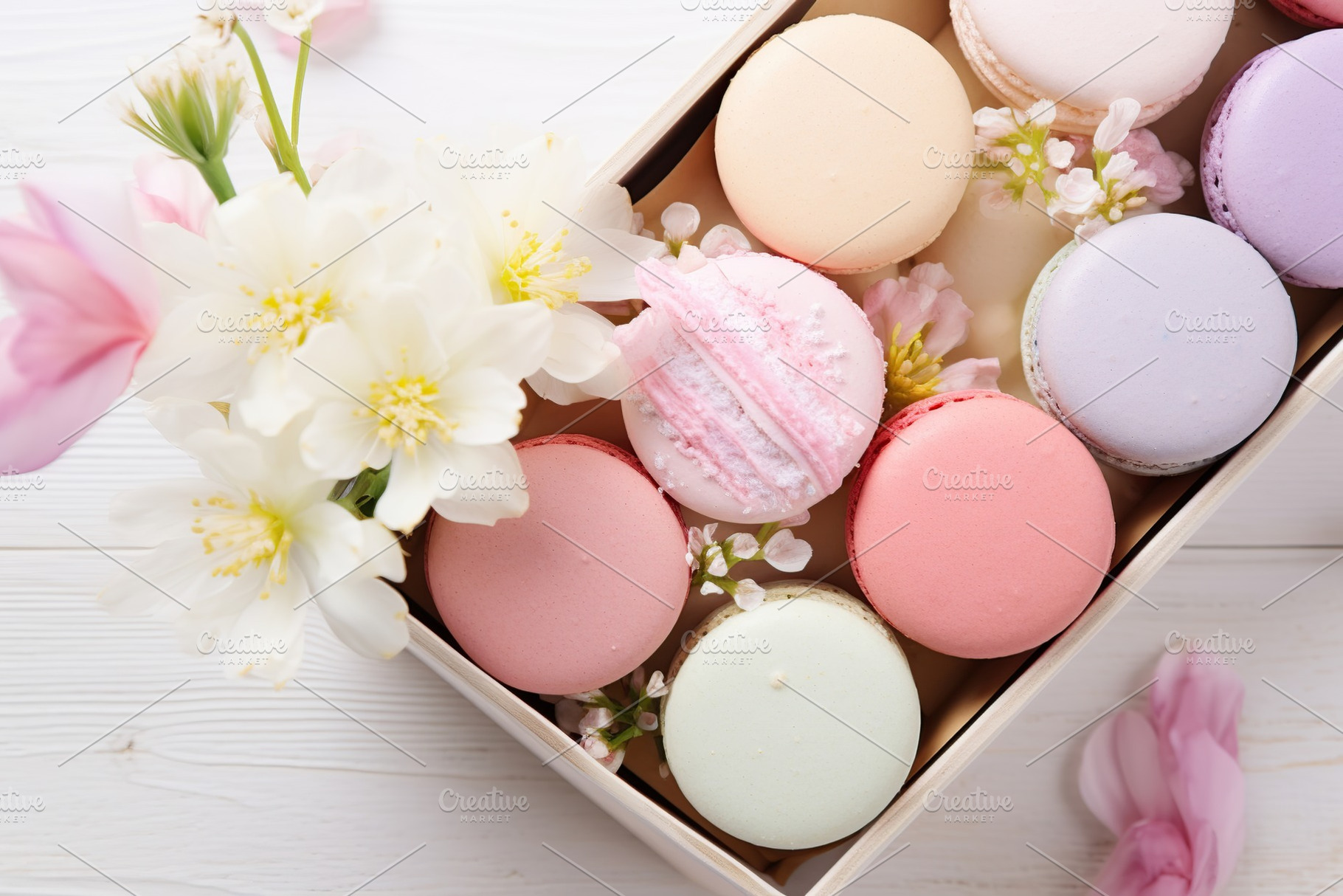 Colorful macarons dessert in box with flowers on wooden background, a Food & Drink Photo by AlyaAnd