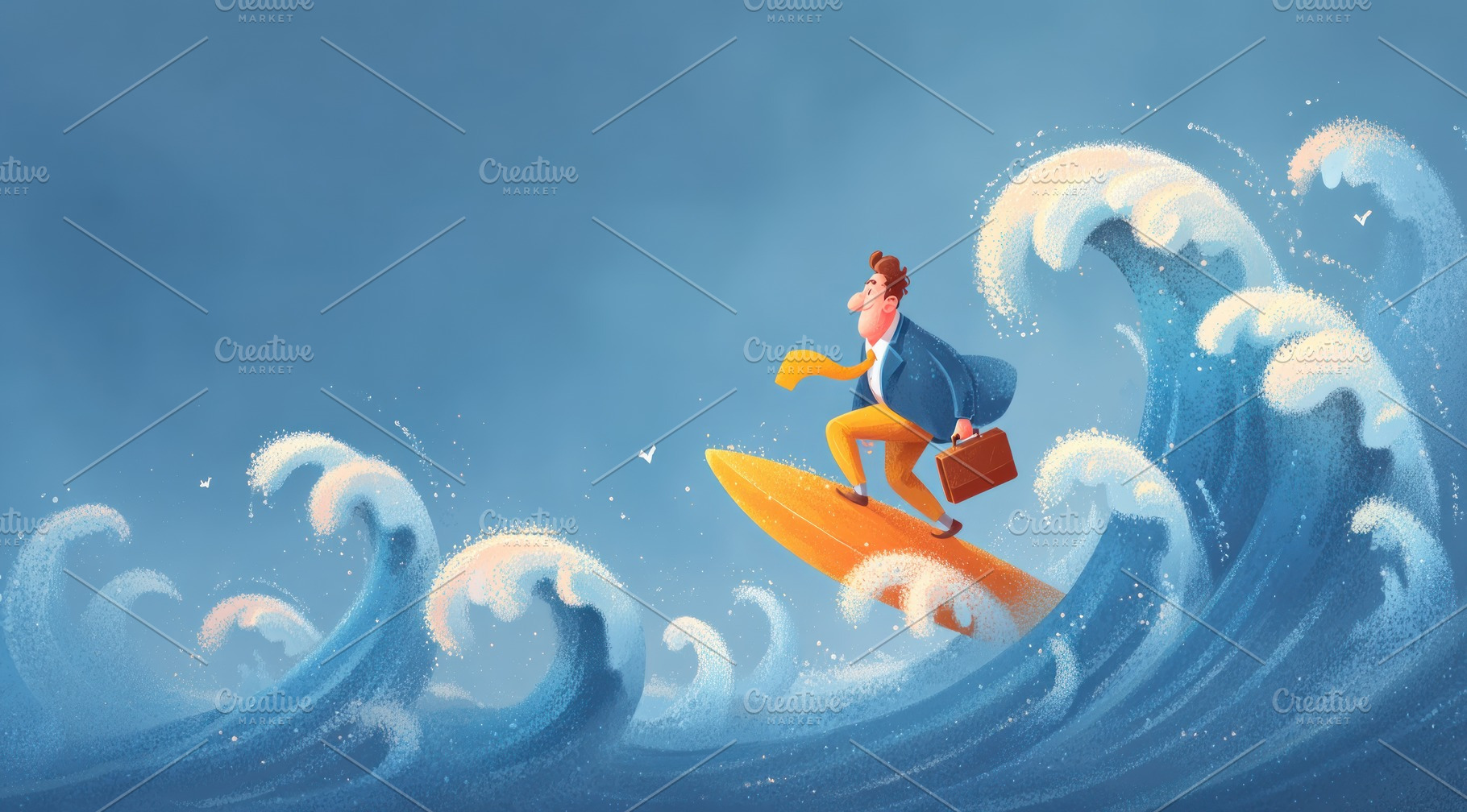 Cheerful businessman surfing large ocean waves on yellow board w, an Abstract Photo by José Manuel Gelpi