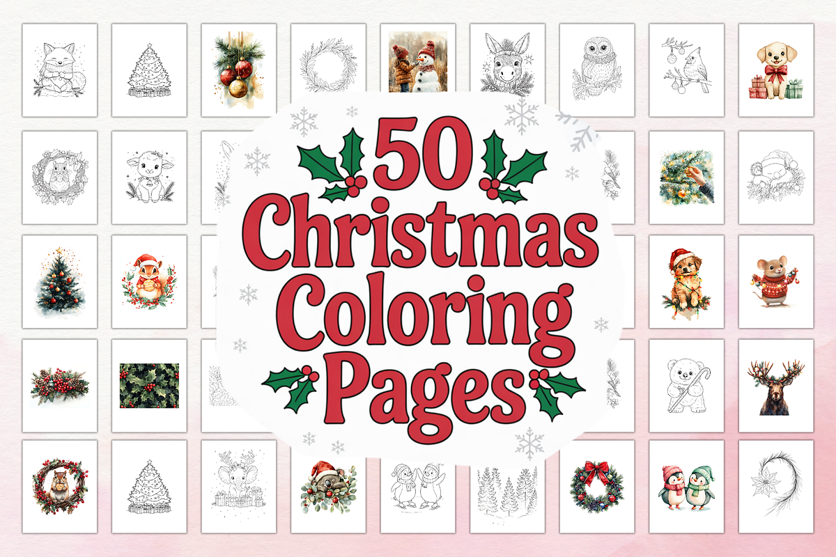 50 Christmas Coloring Pages Bundle, a Seasonal Illustration by Daffodil Dream Studio (Photo 1 of 8)