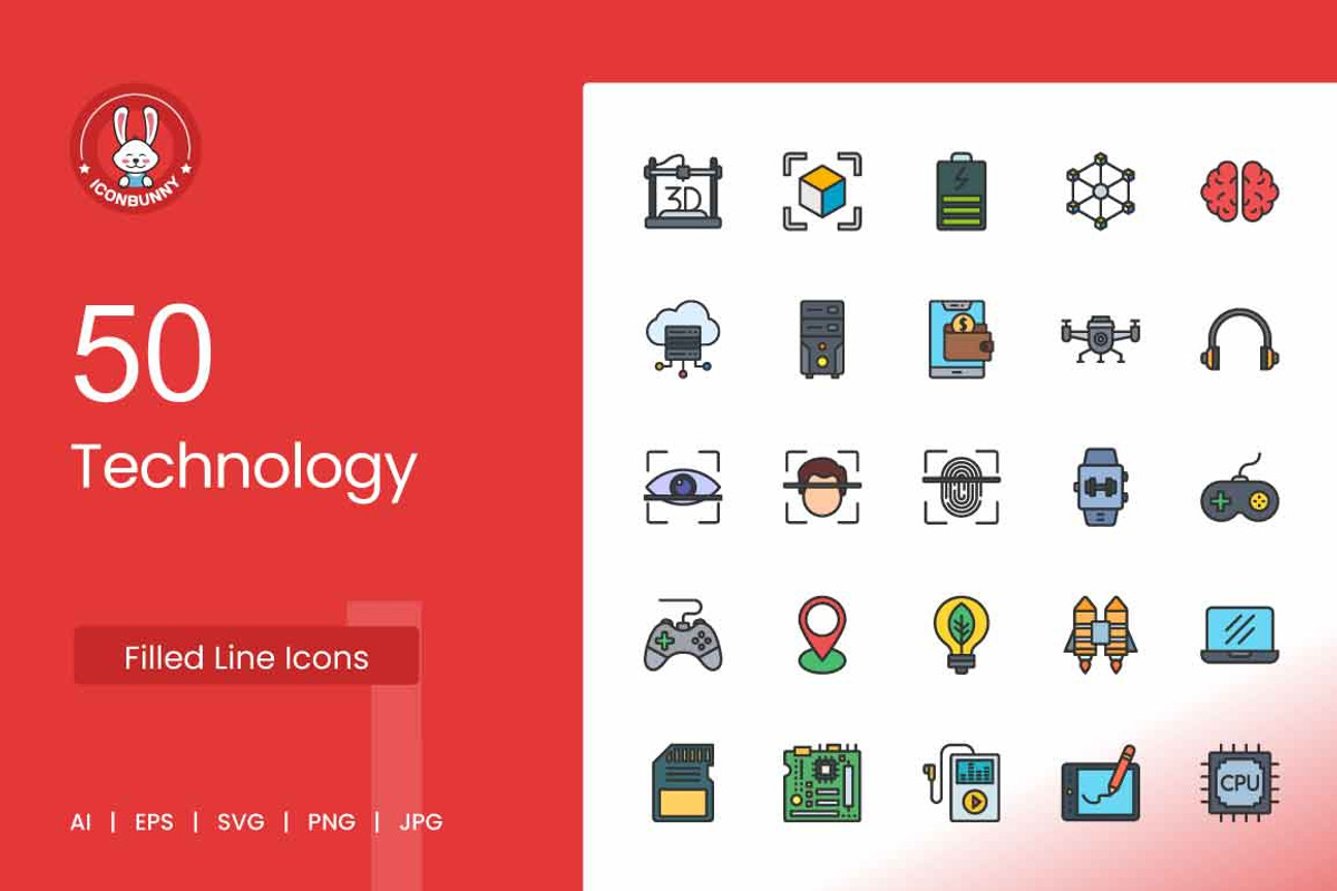 50 Technology Filled Line Icons, an Icon by IconBunny (Photo 1 of 2)