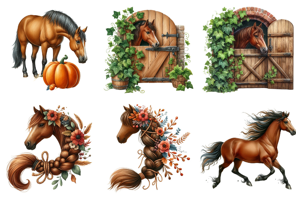 Autumn Brown Horse Clipart, an Illustration by Watercolor design (Photo 2 of 4)
