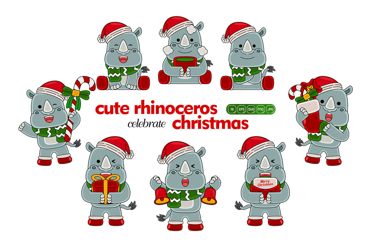 cute rhinoceros celebrate christmas, an Animal Illustration by MEDZ (Photo 1 of 2)