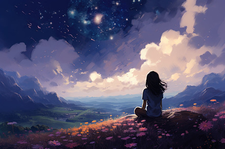 Girl sitting on a hill with flowers, a Photo by Iftikhar Alam