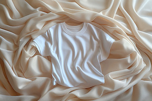 A classic white t-shirt elegantly laid on soft, flowing beige fabric, creating, a Business Photo by ImageMir