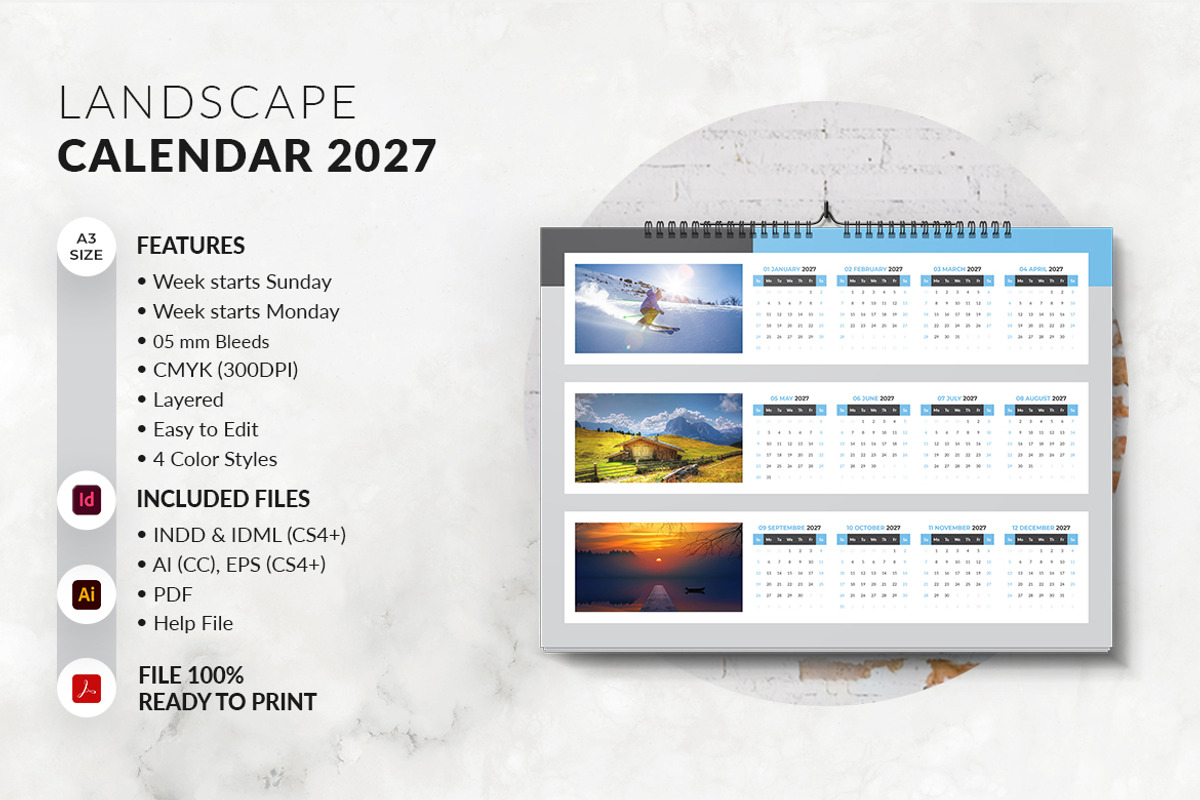 Landscape A3 Calendar 2027, a Stationery Template by MstArtwork (Photo 7 of 8)