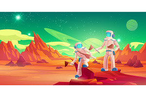 Spacemen With Flags Walking On Mars