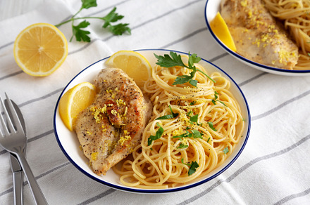 Homemade Lemon Pepper Chicken with Spaghetti Pasta on a Plate, s, a Food & Drink Photo by LiudmylaChuhunova