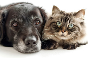 A black dog and a fluffy cat resting close together, showcasing a loving bond w, an Animal Photo by ImageMir