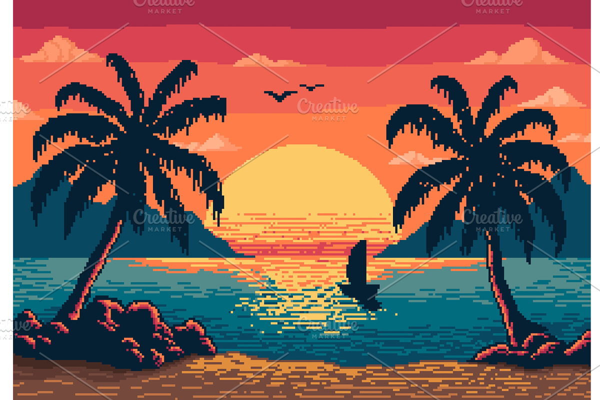 Sunset Beach　ART 8 bit pixel art, sunset beach, an Illustration by Vector Tradition