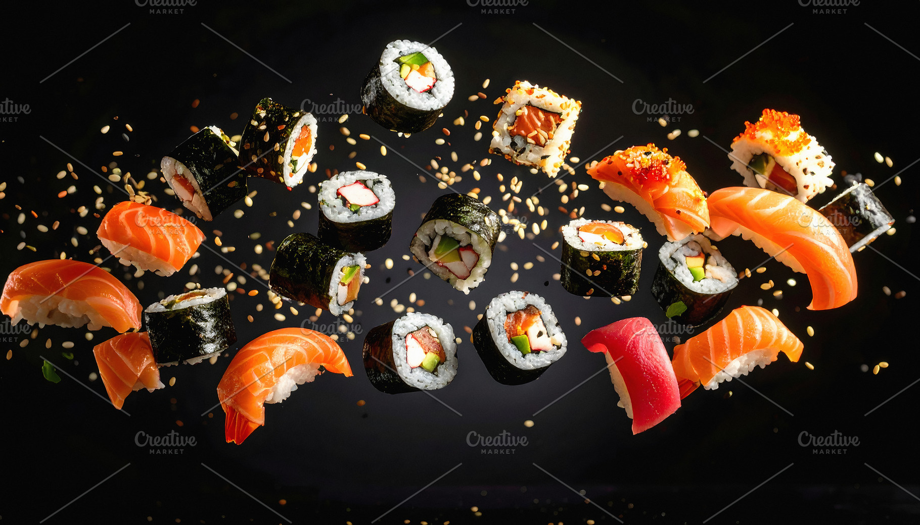 Flying sushi assortment with rolls nigiri and sesame seeds, a Food & Drink Photo by GoodGoods