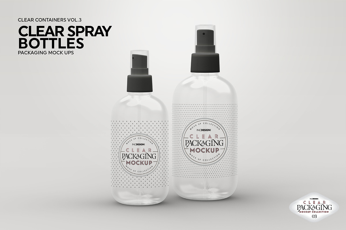 Clear Spray Bottles Packaging Mockup, a Cups & Container Mockup by INCDesign (Photo 4 of 9)