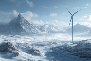 A serene winter landscape featuring snow-covered mountains and wind turbines. T, an Industrial Photo by Textures & Backgrounds