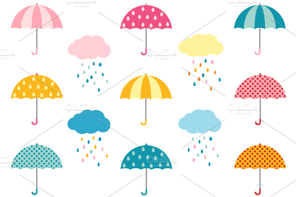Colorful umbrellas with rain clouds, a Seasonal Illustration by Pravokrugulnik (Photo 1 of 2)