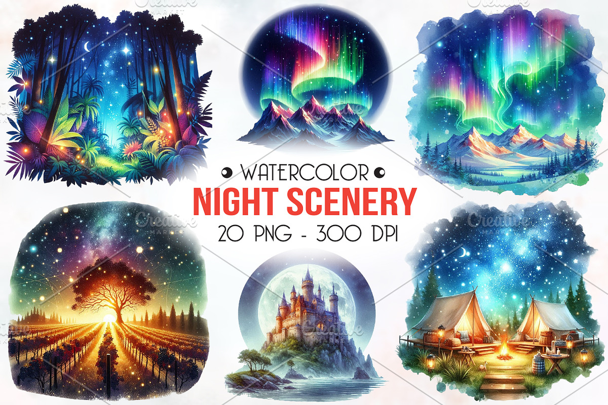 Night Scenery Watercolor Clipart, an Illustration by RobertsArt (Photo 1 of 7)