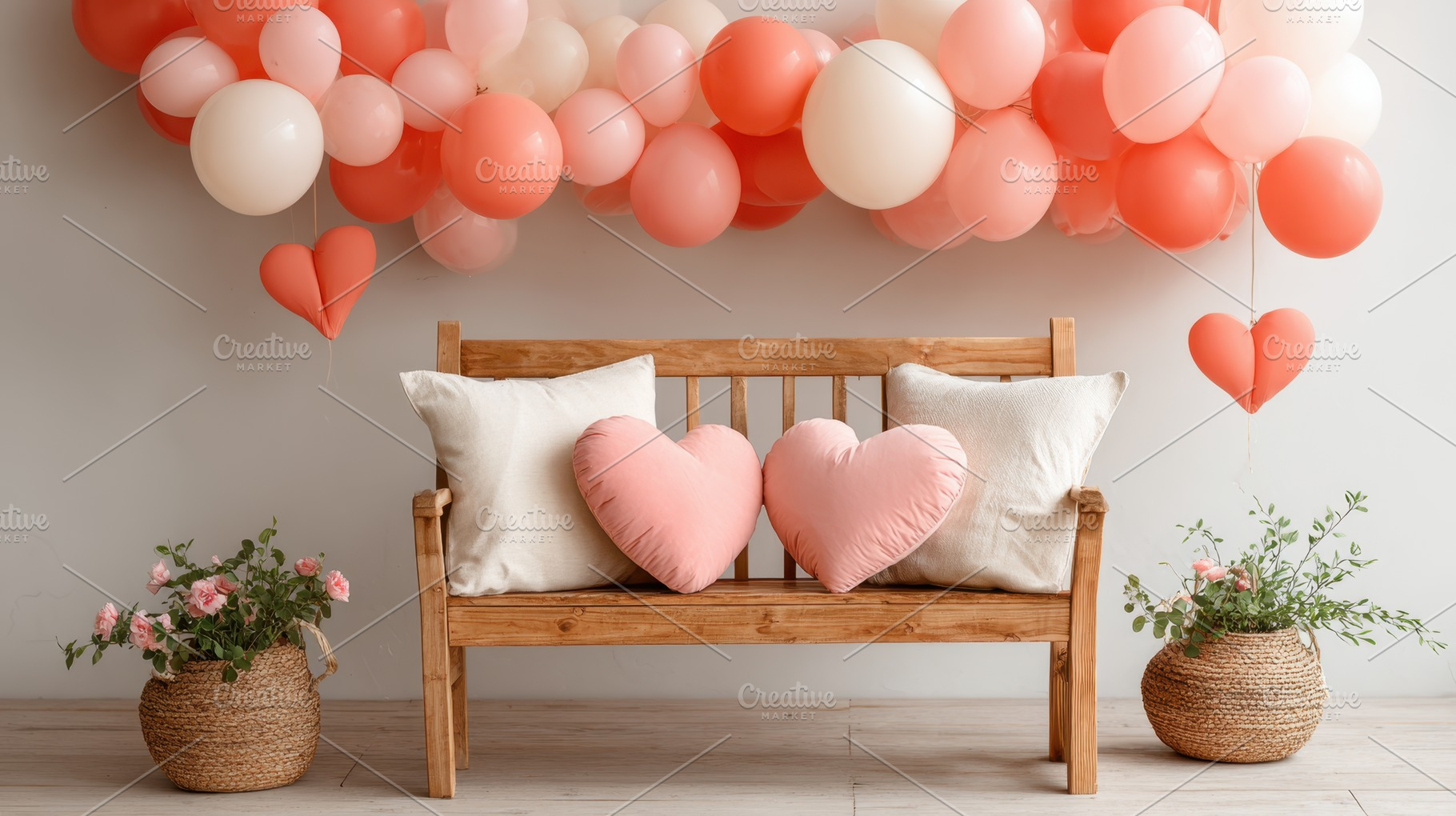 Cozy bench with heart pillow and pastel balloons, a Holiday Photo by AlyaAnd