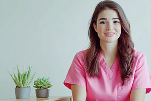 Smiling nurse in scrubs indoors, a Photo by Beautiful things