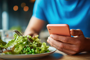 Man eating healthy salad using smart, a Photo by Pixeness Studio