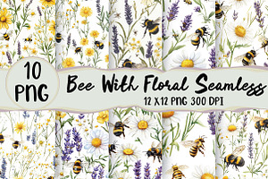 Watercolor Bee With Floral Seamless, a Seasonal Illustration by Daily.Designs