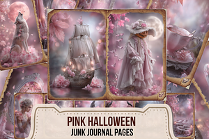 Pink Halloween Junk Journal Pages, a Seasonal Illustration by Print Haven Mochi Vintage