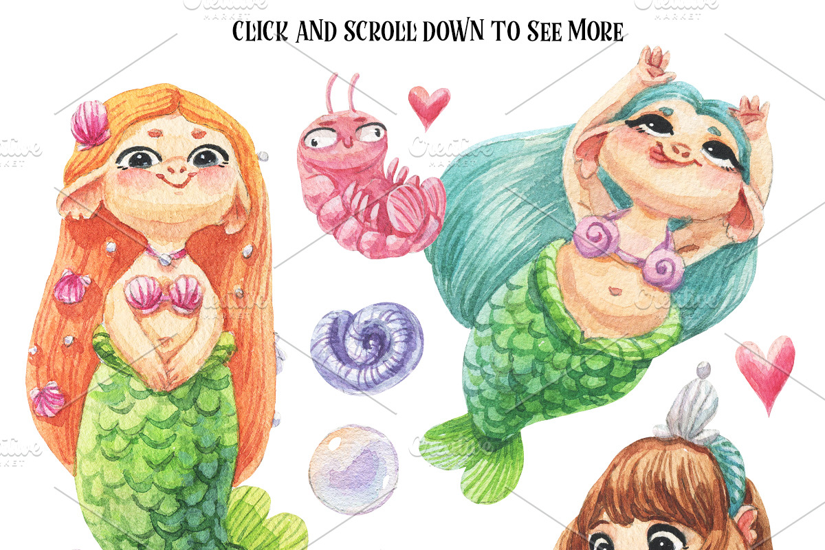 Cute Watercolor Mermaids set, an Illustration by KatBranchArt (Photo 2 of 3)