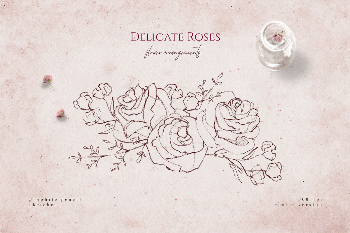 Delicate Roses - Hand Drawn Clipart, a Texture Illustration by Aquarellina (Photo 12 of 15)