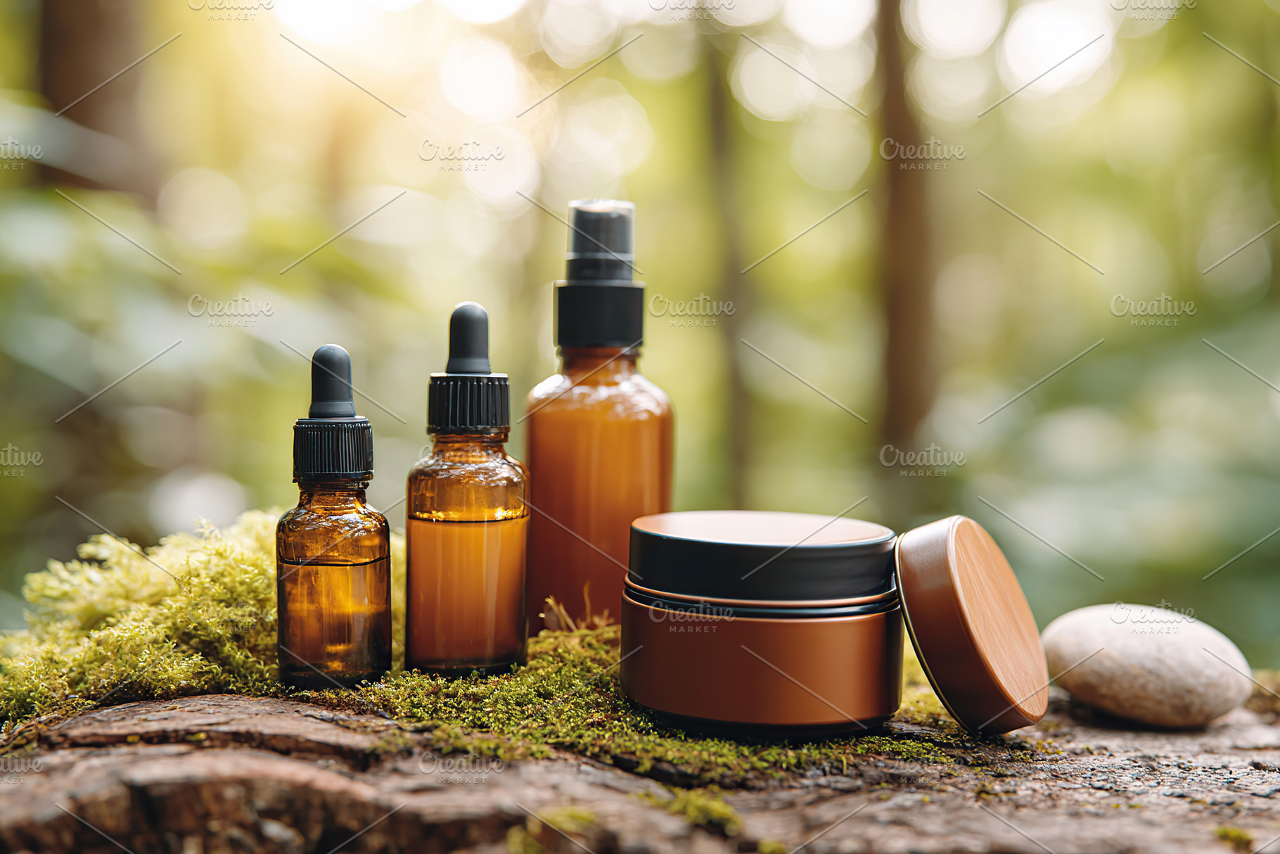 Blank herbal tincture bottles on a mossy surface in a natural garden setting, a Photo by AlyaAnd