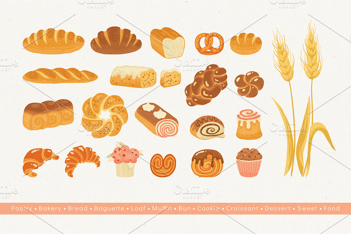Bread Pastry Bakery products vector, a Food Illustration by Neliakott ♥ (Photo 2 of 11)