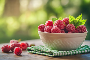 Fresh red raspberries in a ceramic bowl on a checkered napkin with green foliag, a Food & Drink Photo by AlyaAnd