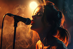Young woman singing song with microphone in studio, a Person Photo by AlyaAnd