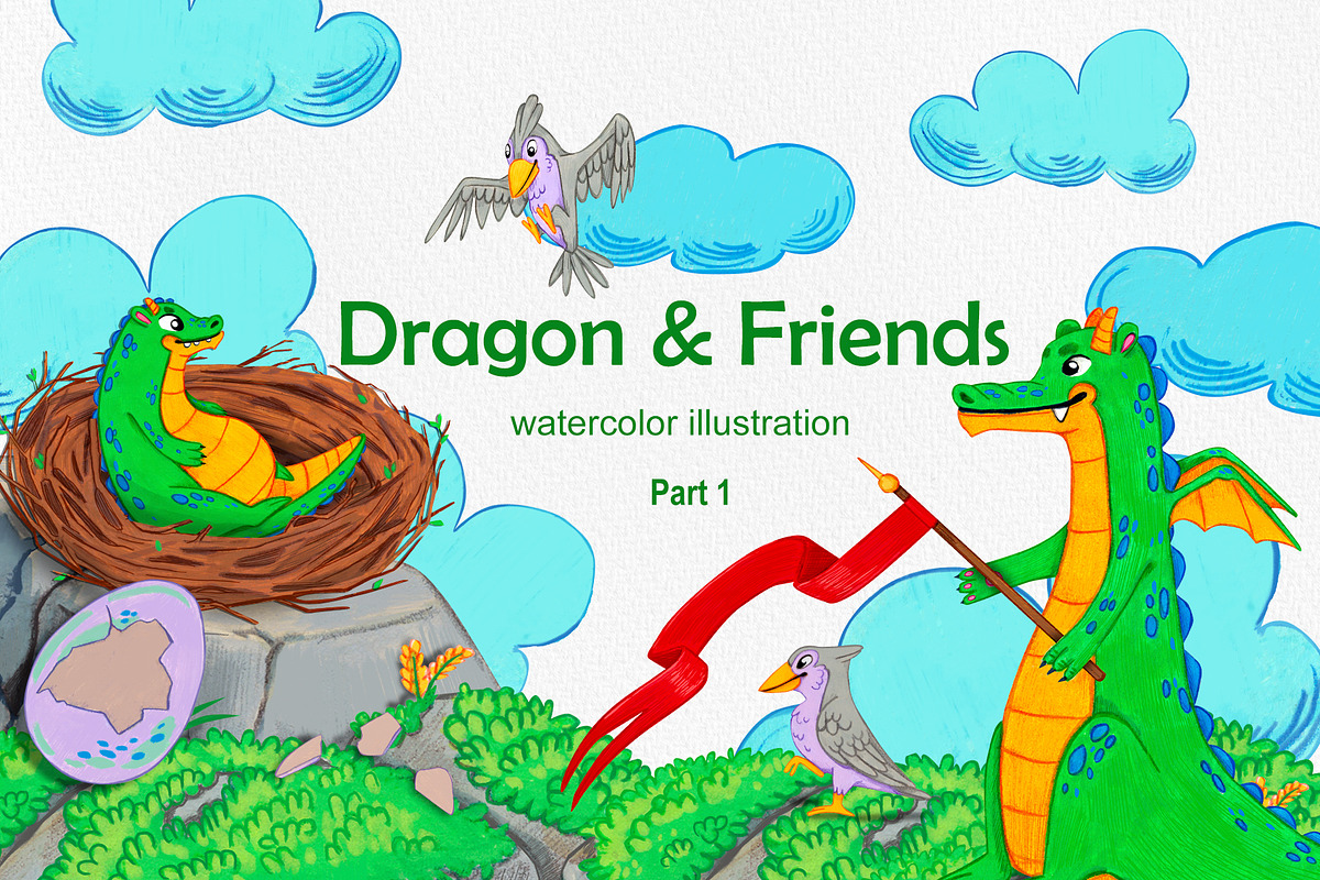 Dragon & Friends Watercolor Clipart, an Illustration by Nastya Che (Photo 1 of 10)