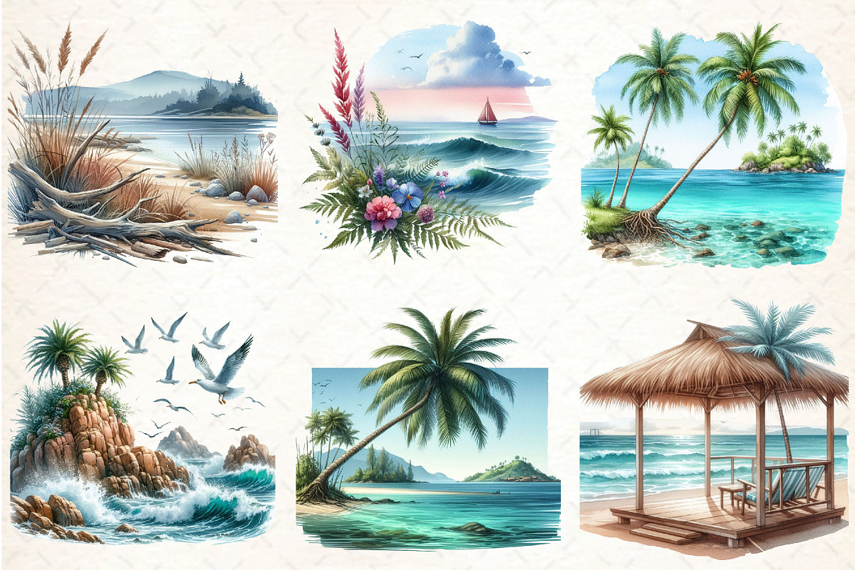 Watercolor Summer Beach Views PNG, an Illustration by DreamCafeArt (Photo 3 of 8)