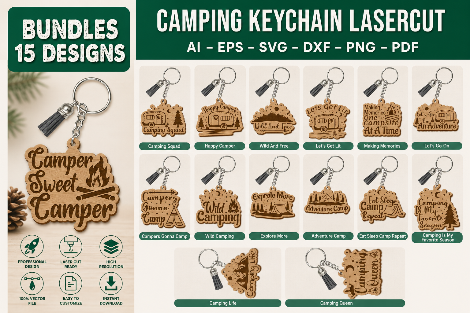 Camping Keychain Lasercut Bundle 15, an Object Graphic by OTVEY DESIGN