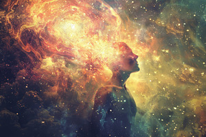 A human in a cosmic galaxy, a Photo by Mashimara