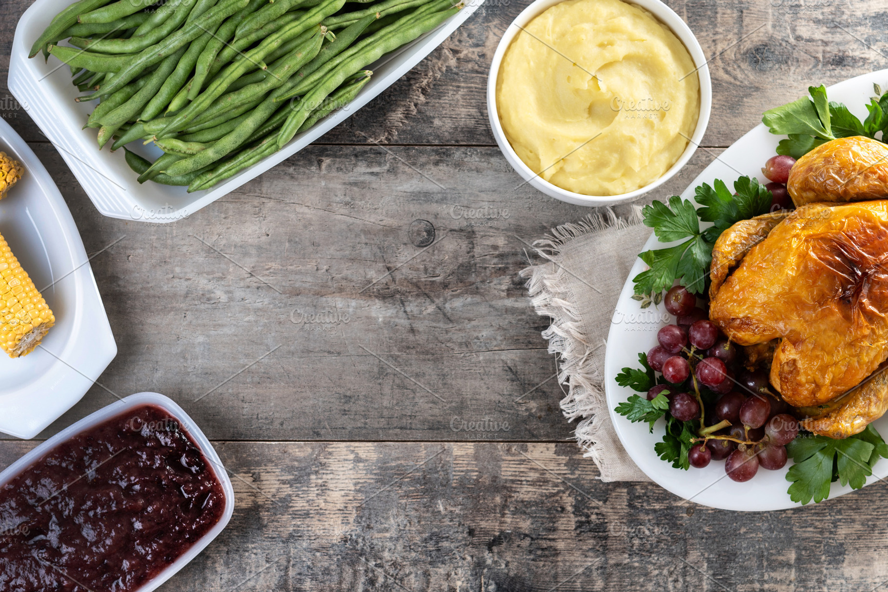 Thanksgiving roasted turkey with mashed potatoes, cranberry sauce and green bea, a Food & Drink Photo by etorres69