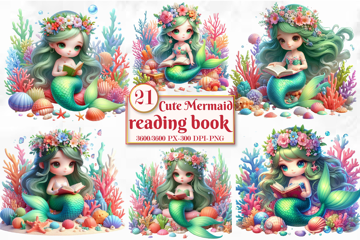 Cute Mermaid reading book Clipart, a Seasonal Illustration by Craft Nest (Photo 1 of 5)