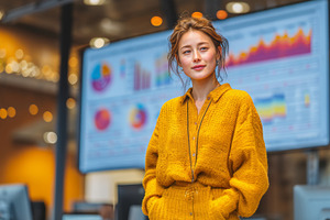 Confident professional standing in an office with data dashboards in background, a Business Photo by AS photostudio