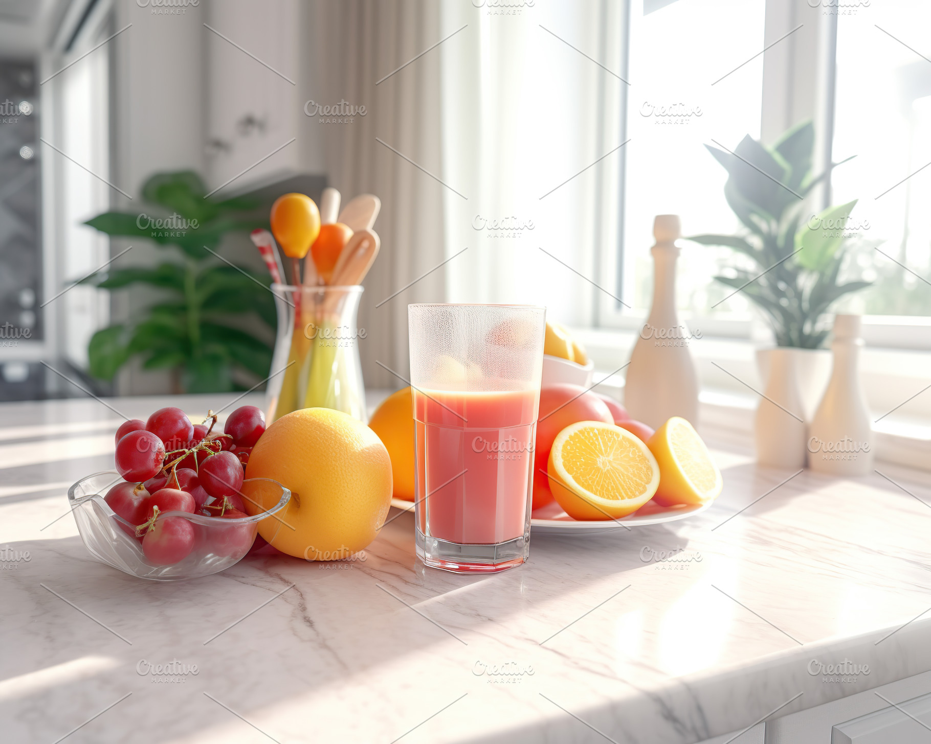 Glass of fresh juice with various fruits, a Food & Drink Photo by AlyaAnd