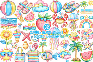 Summer Beach Line Art Doodles, an Illustration by SinaCreation