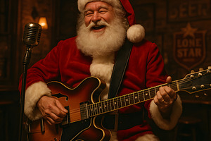 Santa Claus playing electric guitar singing into vintage microph, a Holiday Photo by GoodGoods